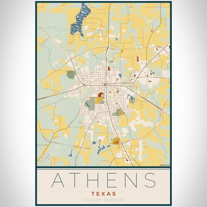 Athens Texas Map Print Portrait Orientation in Woodblock Style With Shaded Background