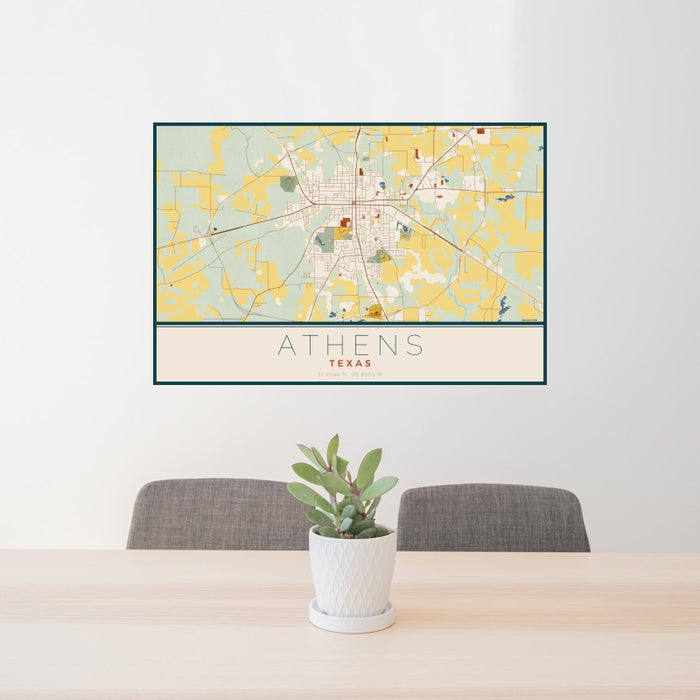 24x36 Athens Texas Map Print Landscape Orientation in Woodblock Style Behind 2 Chairs Table and Potted Plant