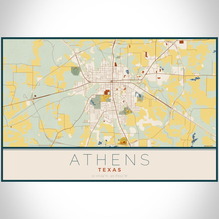 Athens Texas Map Print Landscape Orientation in Woodblock Style With Shaded Background