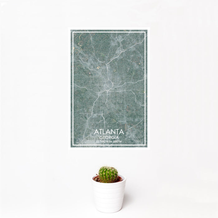 12x18 Atlanta Georgia Map Print Portrait Orientation in Afternoon Style With Small Cactus Plant in White Planter