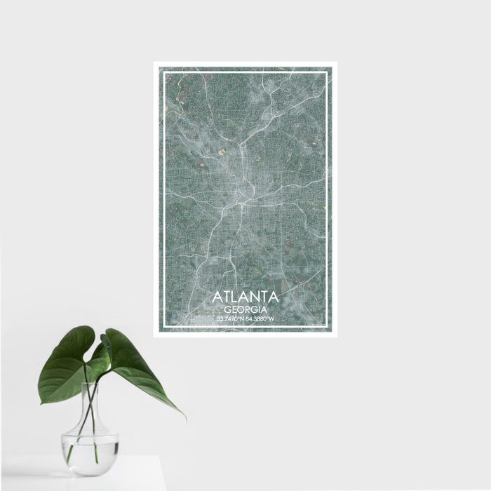 16x24 Atlanta Georgia Map Print Portrait Orientation in Afternoon Style With Tropical Plant Leaves in Water