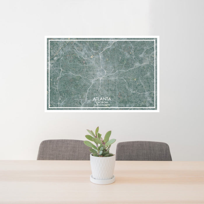 24x36 Atlanta Georgia Map Print Lanscape Orientation in Afternoon Style Behind 2 Chairs Table and Potted Plant