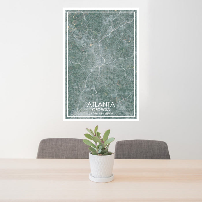 24x36 Atlanta Georgia Map Print Portrait Orientation in Afternoon Style Behind 2 Chairs Table and Potted Plant