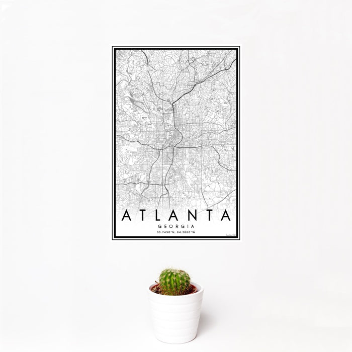 12x18 Atlanta Georgia Map Print Portrait Orientation in Classic Style With Small Cactus Plant in White Planter