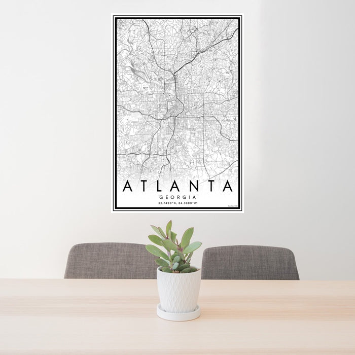 24x36 Atlanta Georgia Map Print Portrait Orientation in Classic Style Behind 2 Chairs Table and Potted Plant