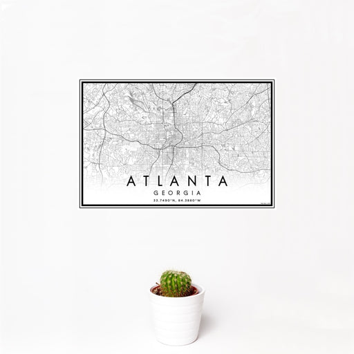 12x18 Atlanta Georgia Map Print Landscape Orientation in Classic Style With Small Cactus Plant in White Planter