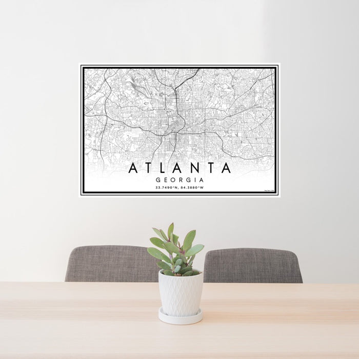 24x36 Atlanta Georgia Map Print Landscape Orientation in Classic Style Behind 2 Chairs Table and Potted Plant