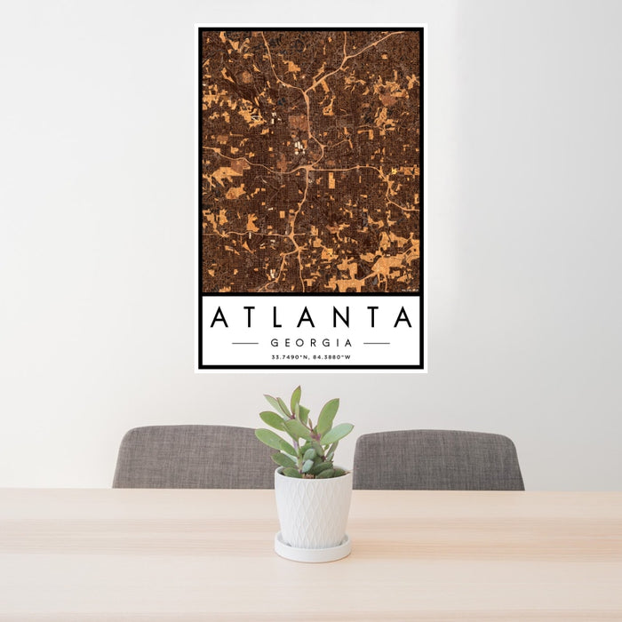 24x36 Atlanta Georgia Map Print Portrait Orientation in Ember Style Behind 2 Chairs Table and Potted Plant