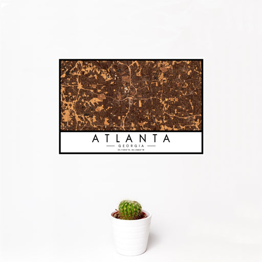 12x18 Atlanta Georgia Map Print Landscape Orientation in Ember Style With Small Cactus Plant in White Planter