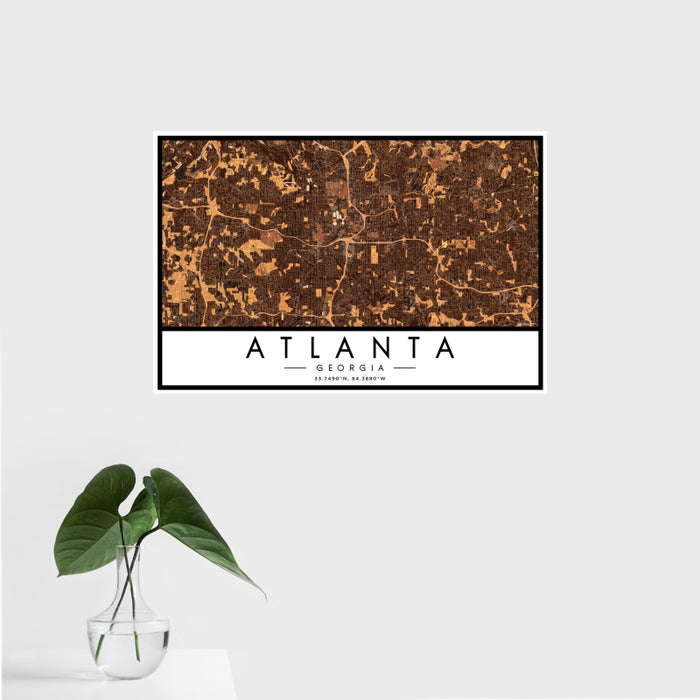 16x24 Atlanta Georgia Map Print Landscape Orientation in Ember Style With Tropical Plant Leaves in Water