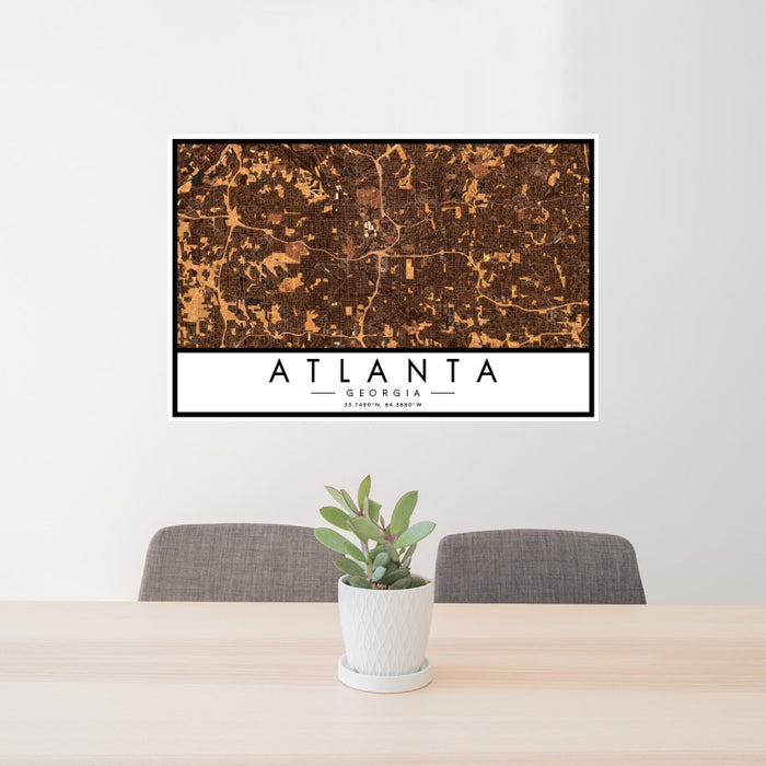 24x36 Atlanta Georgia Map Print Landscape Orientation in Ember Style Behind 2 Chairs Table and Potted Plant