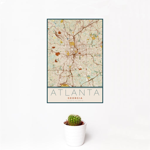 12x18 Atlanta Georgia Map Print Portrait Orientation in Woodblock Style With Small Cactus Plant in White Planter
