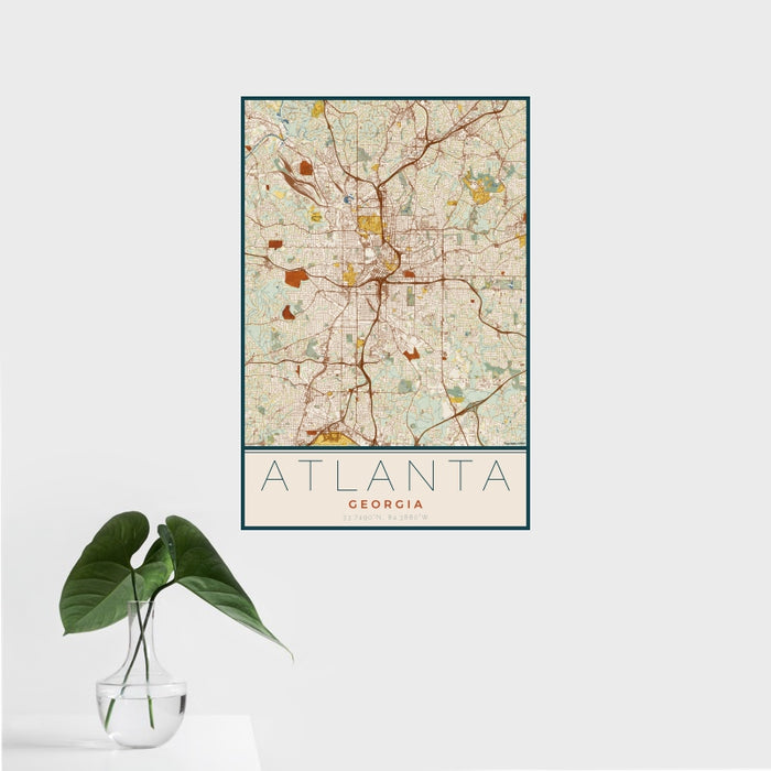 16x24 Atlanta Georgia Map Print Portrait Orientation in Woodblock Style With Tropical Plant Leaves in Water