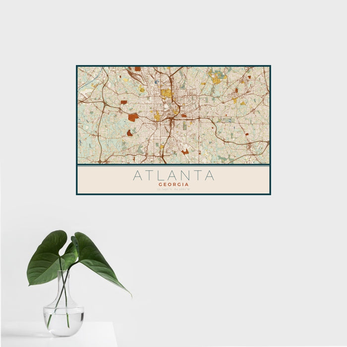 16x24 Atlanta Georgia Map Print Landscape Orientation in Woodblock Style With Tropical Plant Leaves in Water