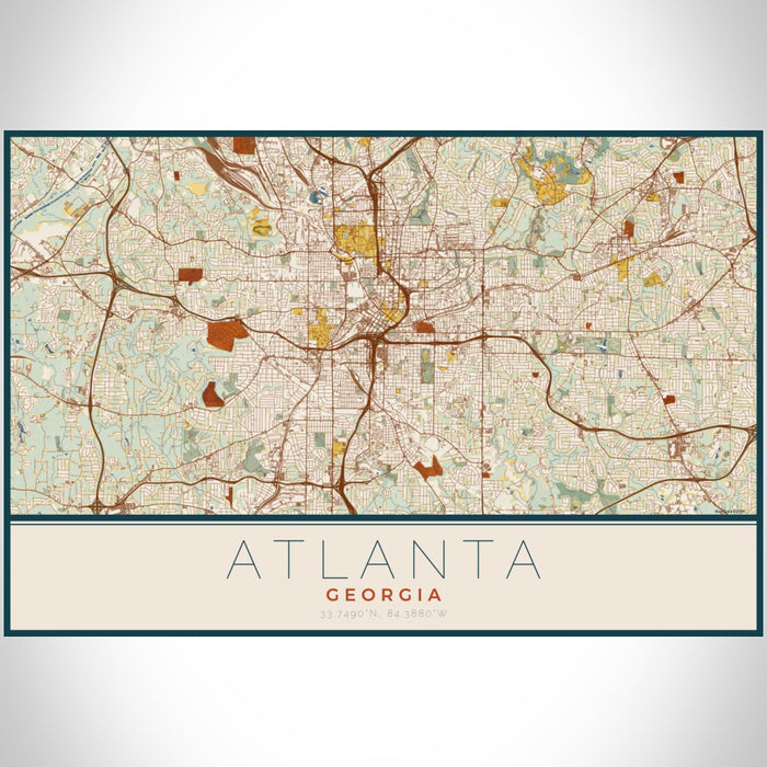Atlanta Georgia Map Print Landscape Orientation in Woodblock Style With Shaded Background
