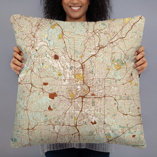 Person holding 22x22 Custom Atlanta Georgia Map Throw Pillow in Woodblock