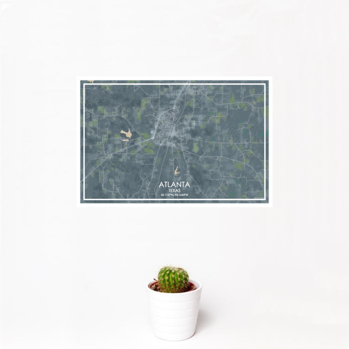 12x18 Atlanta Texas Map Print Landscape Orientation in Afternoon Style With Small Cactus Plant in White Planter