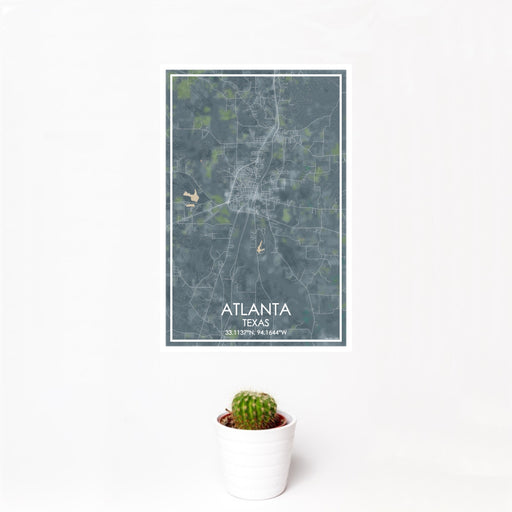 12x18 Atlanta Texas Map Print Portrait Orientation in Afternoon Style With Small Cactus Plant in White Planter