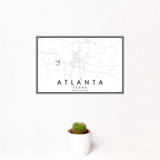 12x18 Atlanta Texas Map Print Landscape Orientation in Classic Style With Small Cactus Plant in White Planter