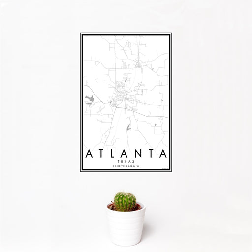 12x18 Atlanta Texas Map Print Portrait Orientation in Classic Style With Small Cactus Plant in White Planter