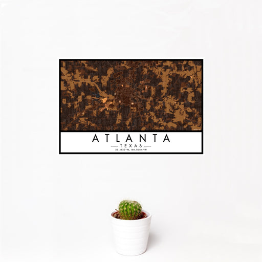 12x18 Atlanta Texas Map Print Landscape Orientation in Ember Style With Small Cactus Plant in White Planter