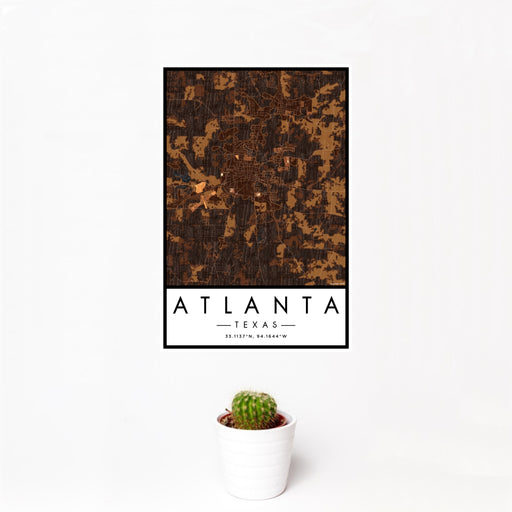 12x18 Atlanta Texas Map Print Portrait Orientation in Ember Style With Small Cactus Plant in White Planter