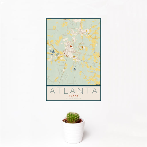 12x18 Atlanta Texas Map Print Portrait Orientation in Woodblock Style With Small Cactus Plant in White Planter