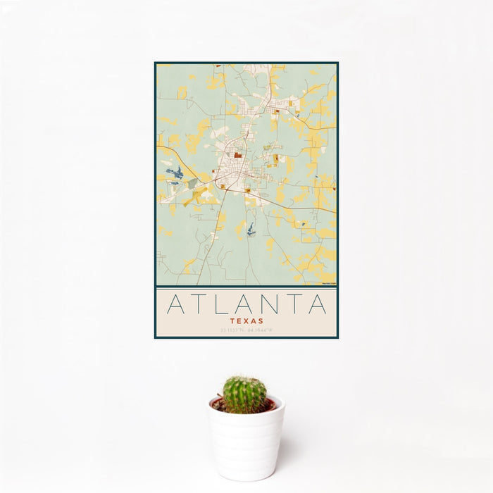 12x18 Atlanta Texas Map Print Portrait Orientation in Woodblock Style With Small Cactus Plant in White Planter