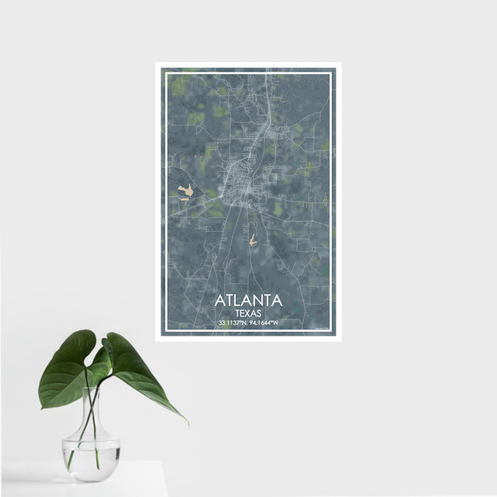 16x24 Atlanta Texas Map Print Portrait Orientation in Afternoon Style With Tropical Plant Leaves in Water