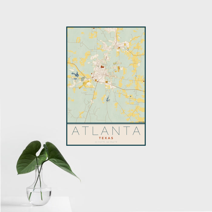 16x24 Atlanta Texas Map Print Portrait Orientation in Woodblock Style With Tropical Plant Leaves in Water
