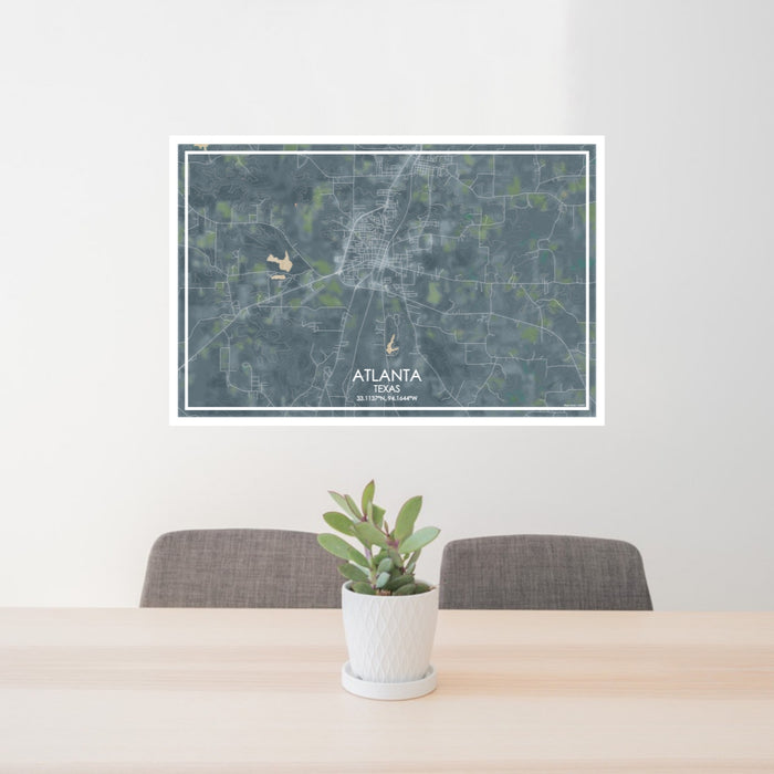 24x36 Atlanta Texas Map Print Lanscape Orientation in Afternoon Style Behind 2 Chairs Table and Potted Plant