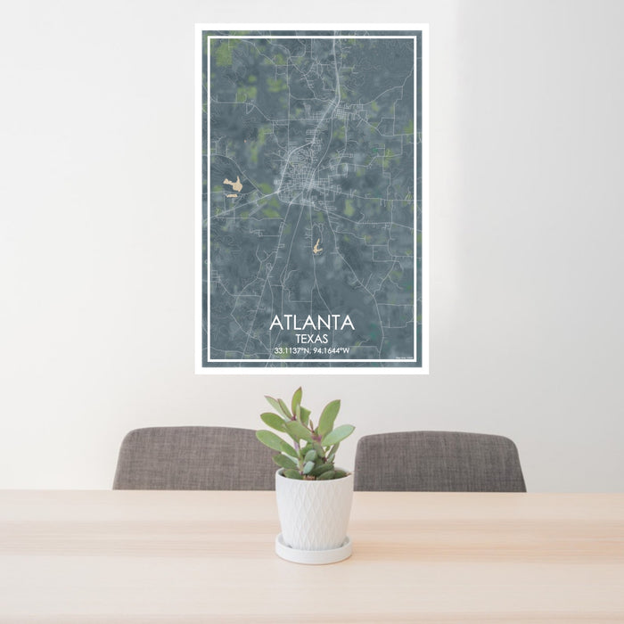 24x36 Atlanta Texas Map Print Portrait Orientation in Afternoon Style Behind 2 Chairs Table and Potted Plant