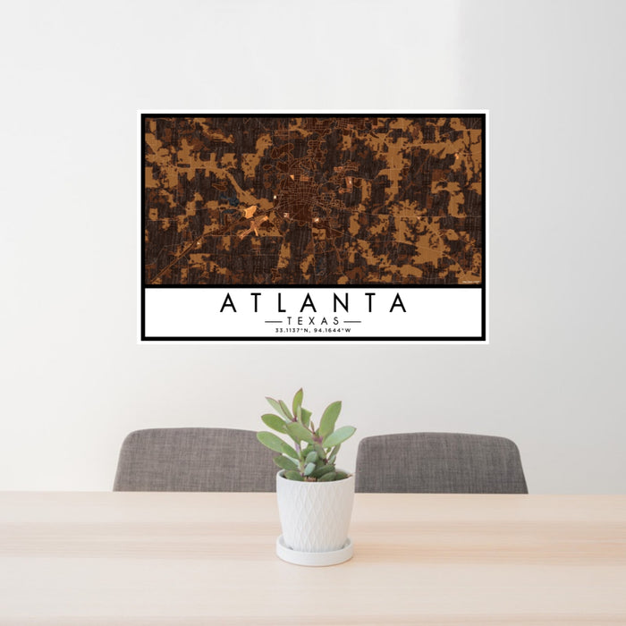 24x36 Atlanta Texas Map Print Lanscape Orientation in Ember Style Behind 2 Chairs Table and Potted Plant
