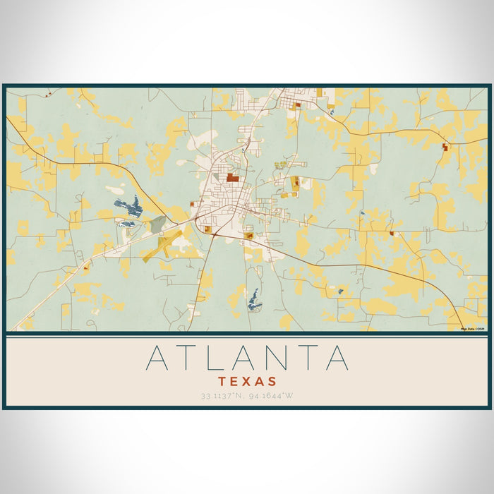 Atlanta Texas Map Print Landscape Orientation in Woodblock Style With Shaded Background
