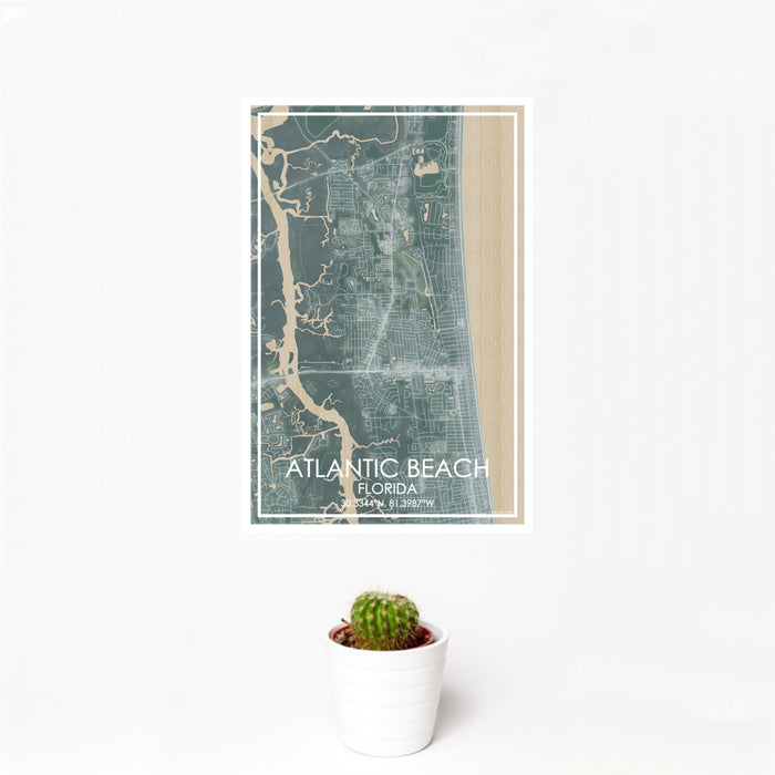 12x18 Atlantic Beach Florida Map Print Portrait Orientation in Afternoon Style With Small Cactus Plant in White Planter