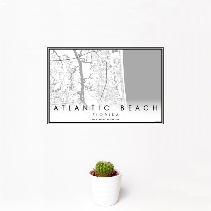 12x18 Atlantic Beach Florida Map Print Landscape Orientation in Classic Style With Small Cactus Plant in White Planter