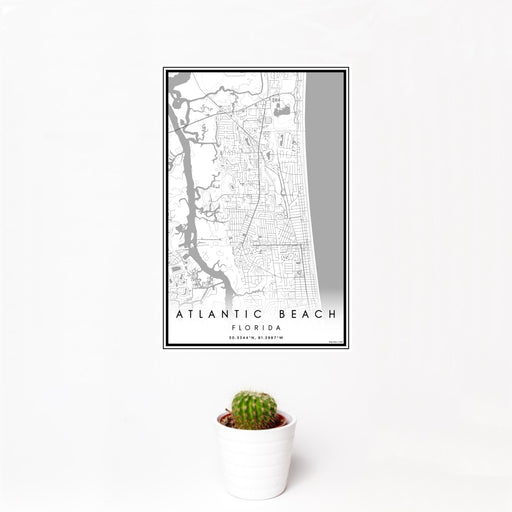 12x18 Atlantic Beach Florida Map Print Portrait Orientation in Classic Style With Small Cactus Plant in White Planter