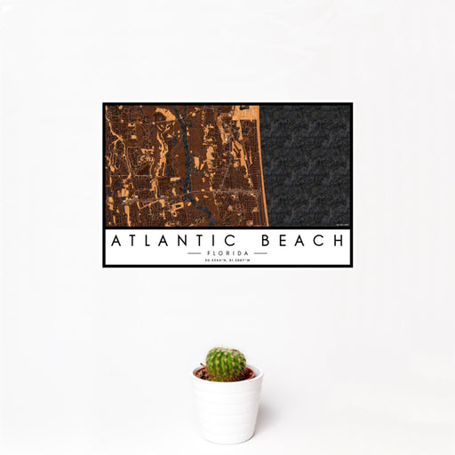 12x18 Atlantic Beach Florida Map Print Landscape Orientation in Ember Style With Small Cactus Plant in White Planter
