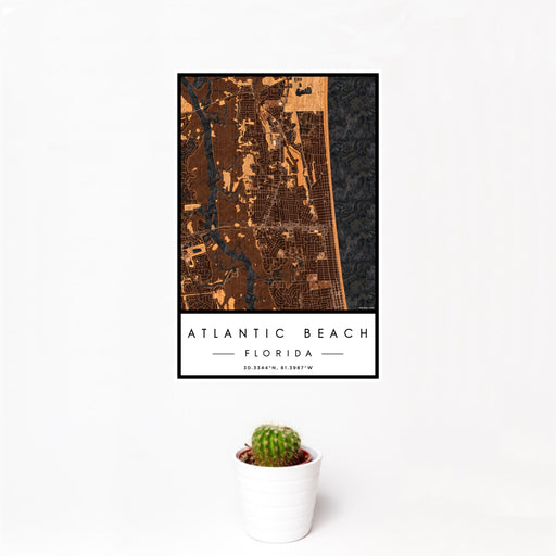 12x18 Atlantic Beach Florida Map Print Portrait Orientation in Ember Style With Small Cactus Plant in White Planter