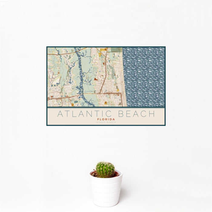 12x18 Atlantic Beach Florida Map Print Landscape Orientation in Woodblock Style With Small Cactus Plant in White Planter