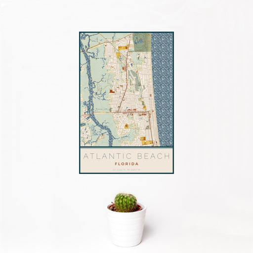 12x18 Atlantic Beach Florida Map Print Portrait Orientation in Woodblock Style With Small Cactus Plant in White Planter