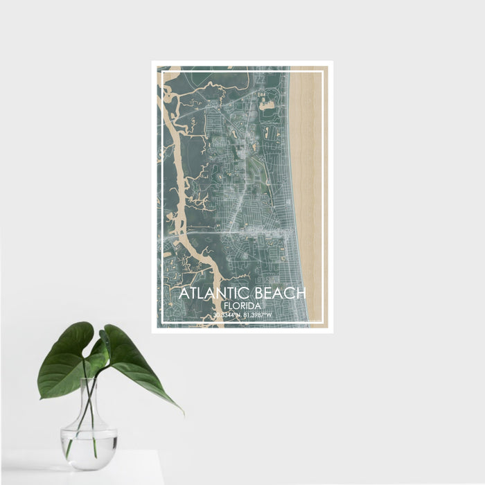 16x24 Atlantic Beach Florida Map Print Portrait Orientation in Afternoon Style With Tropical Plant Leaves in Water