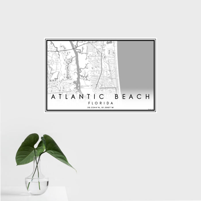 16x24 Atlantic Beach Florida Map Print Landscape Orientation in Classic Style With Tropical Plant Leaves in Water