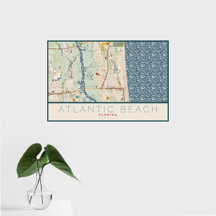 16x24 Atlantic Beach Florida Map Print Landscape Orientation in Woodblock Style With Tropical Plant Leaves in Water