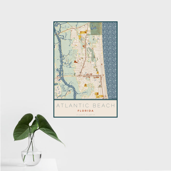 16x24 Atlantic Beach Florida Map Print Portrait Orientation in Woodblock Style With Tropical Plant Leaves in Water