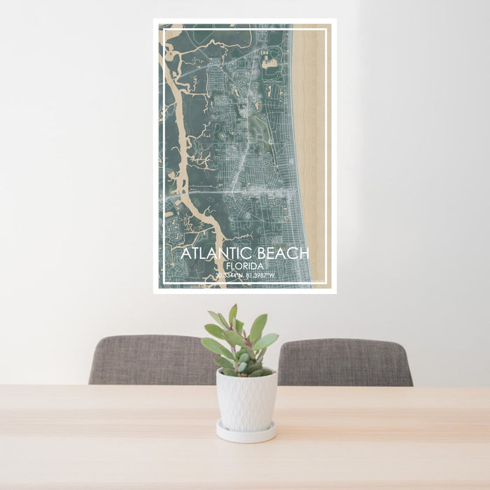 24x36 Atlantic Beach Florida Map Print Portrait Orientation in Afternoon Style Behind 2 Chairs Table and Potted Plant