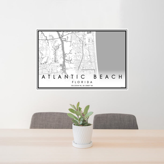 24x36 Atlantic Beach Florida Map Print Lanscape Orientation in Classic Style Behind 2 Chairs Table and Potted Plant