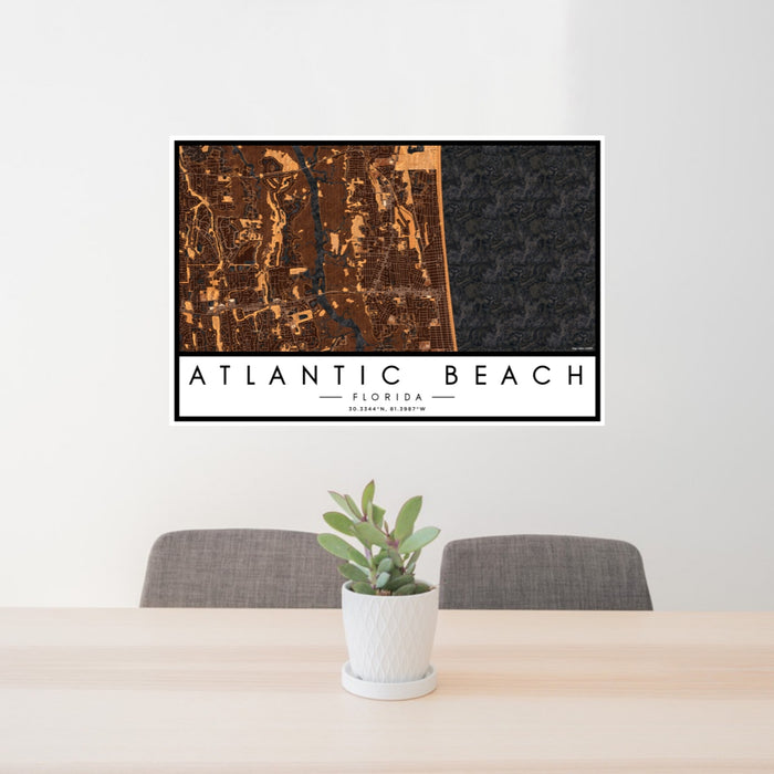 24x36 Atlantic Beach Florida Map Print Lanscape Orientation in Ember Style Behind 2 Chairs Table and Potted Plant