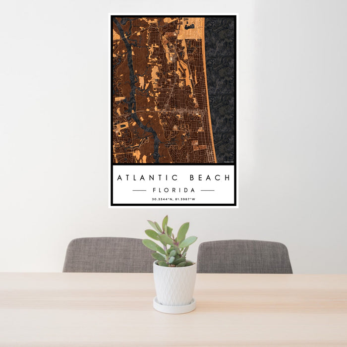 24x36 Atlantic Beach Florida Map Print Portrait Orientation in Ember Style Behind 2 Chairs Table and Potted Plant
