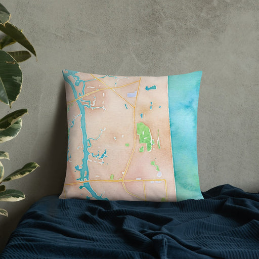 Custom Atlantic Beach Florida Map Throw Pillow in Watercolor on Bedding Against Wall